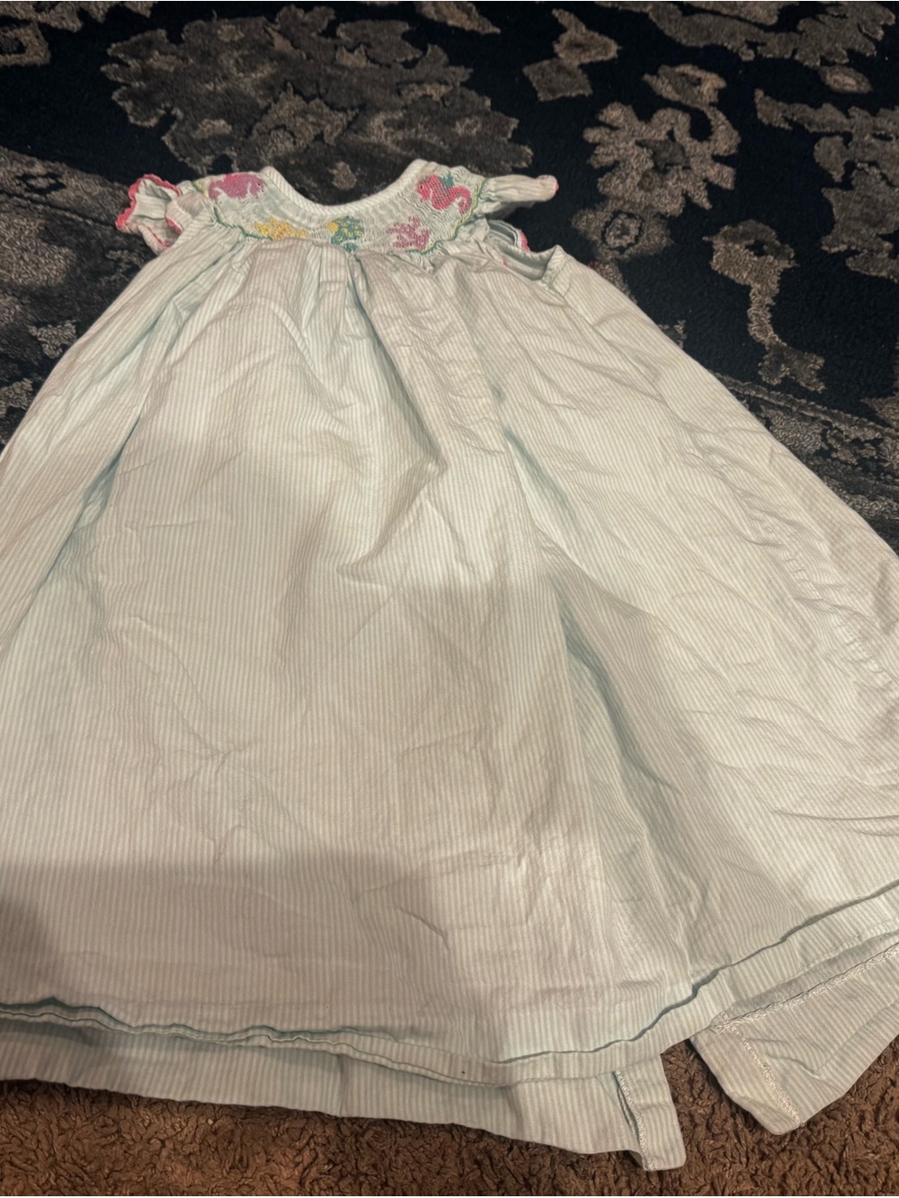 Light mint  Pinstripe Baby Dress with seahorse Smocking
